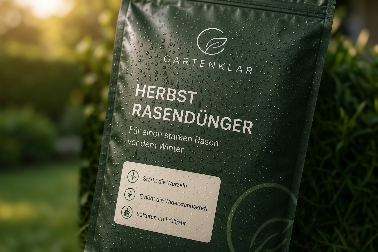 Detailaufnahme der Verpackung des Gartenklar Herbst-Rasendüngers mit Wassertropfen