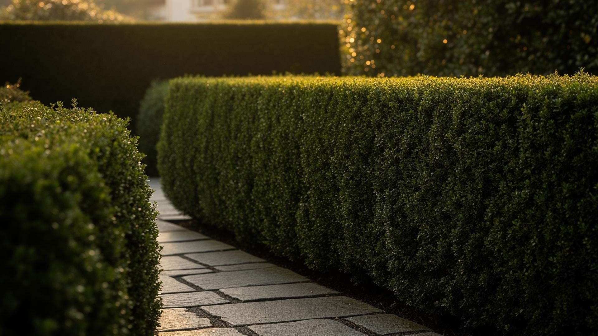Frisch geschnittene Buchsbaumhecke entlang eines Steinwegs in einem Zürcher Privatgarten