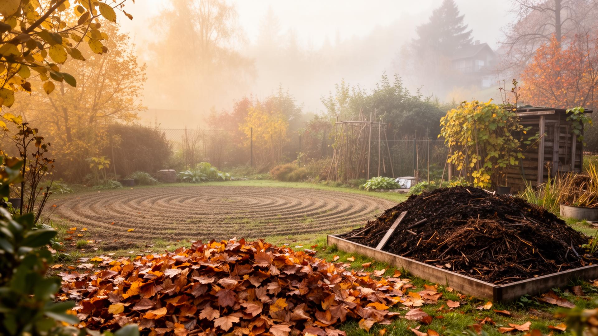 Zürcher Herbstgarten mit aufgehäuften bunten Blättern, Kompost und sanftem Morgennebel
