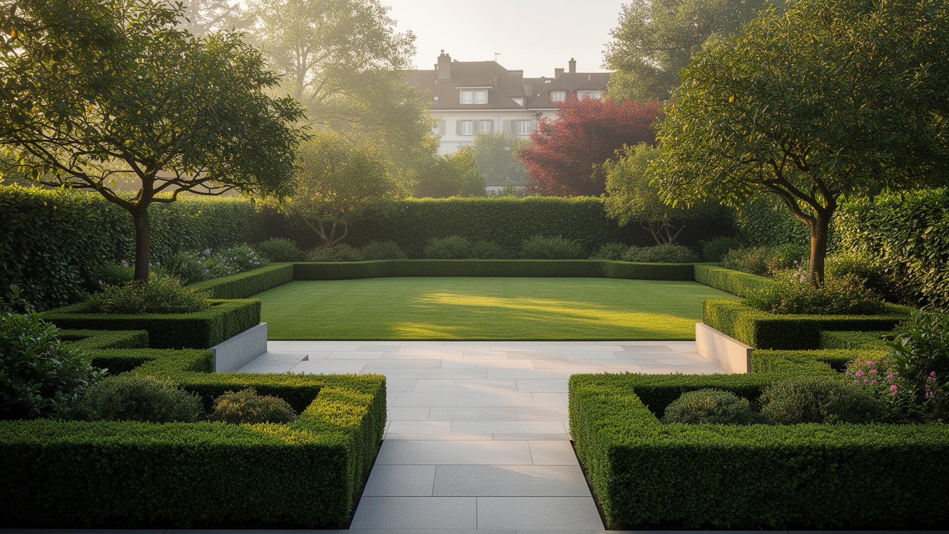 Gepflegter Zürcher Privatgarten mit klipper Hecke und sauberer Aussenanlage am Morgen