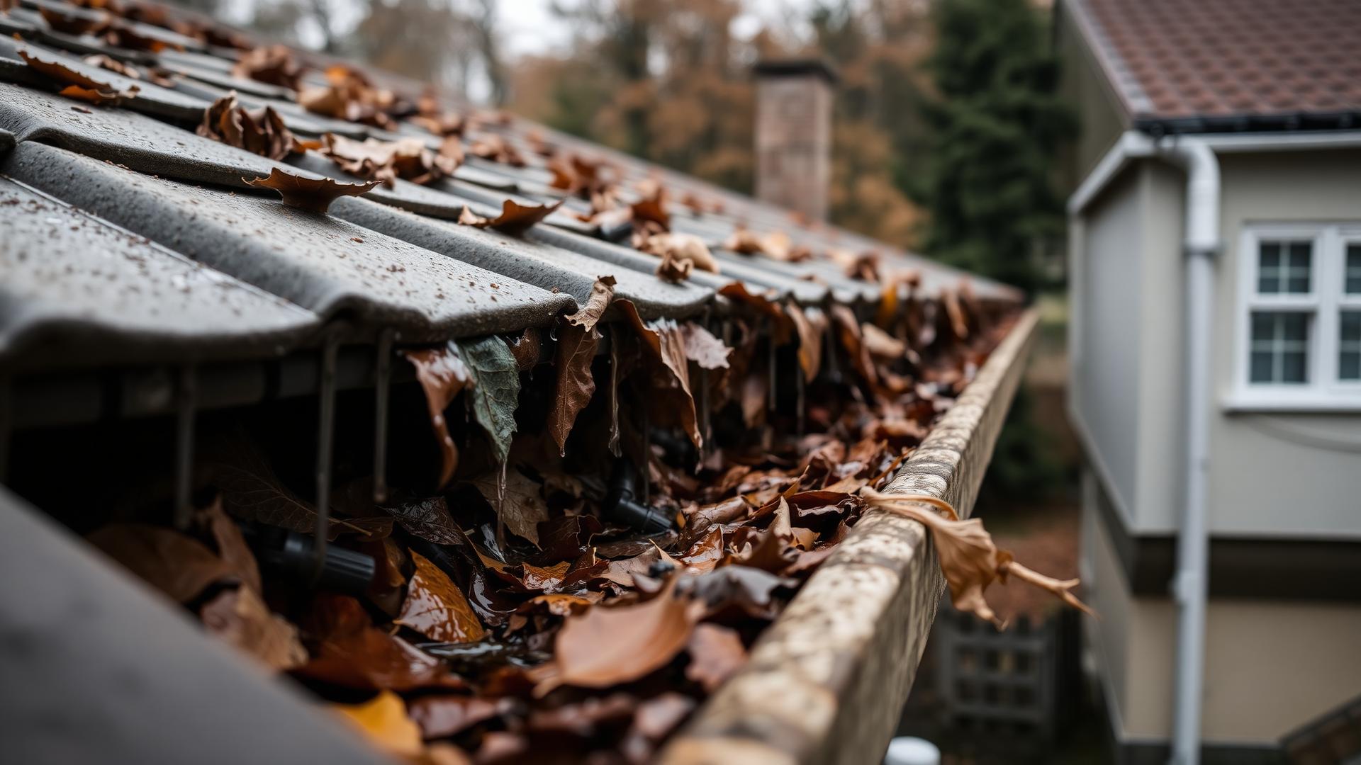 Mit nassem Laub gefüllte Dachrinne an einem Wohnhaus