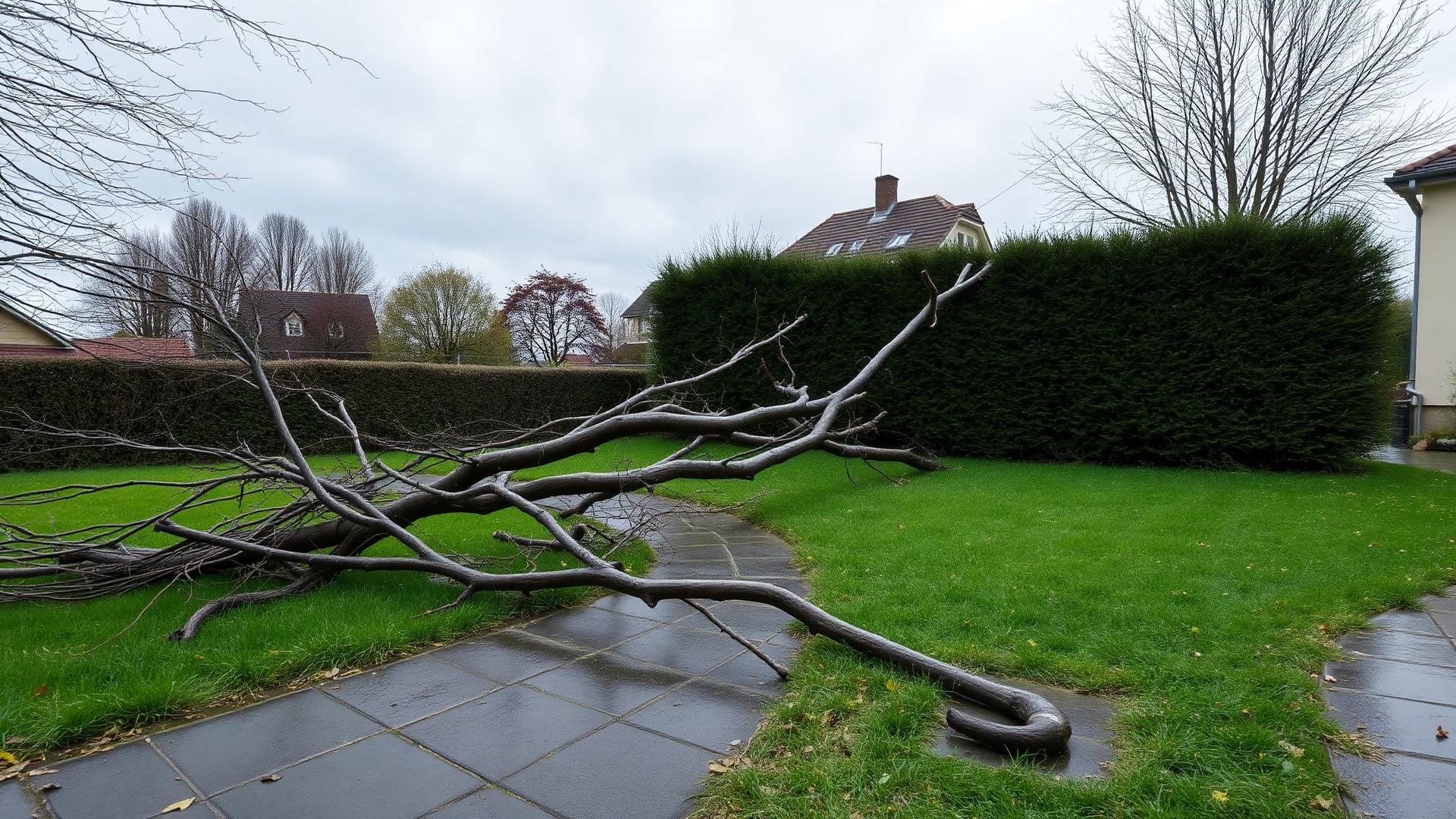Heruntergefallene Äste auf einem Gartenweg nach einem Sturm